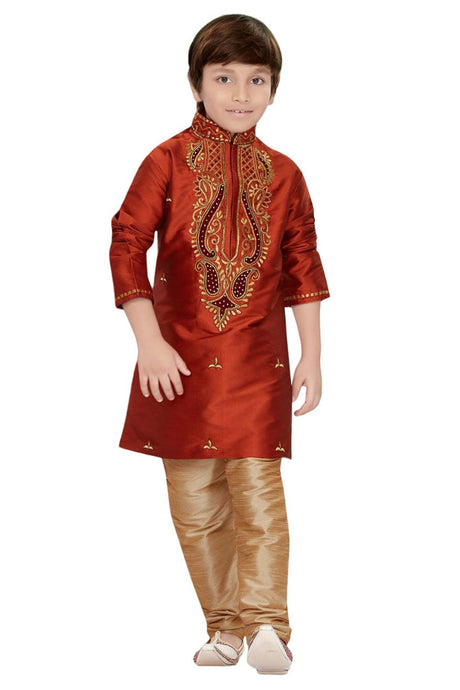 Boys Red Art Dupion Silk Embroidered Emblished Kurta Pyjama Set