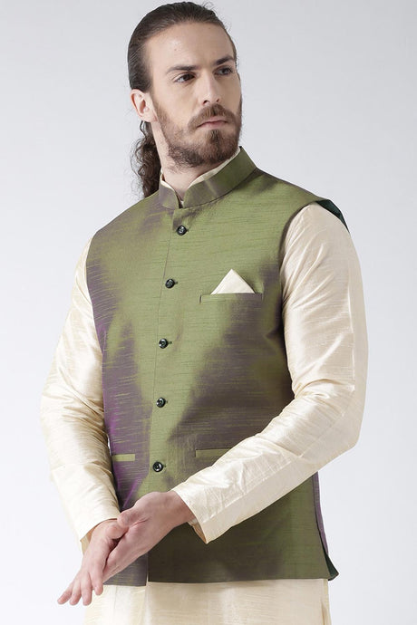 Buy Men's Art Silk  Solid Jacket in Olive Green Online