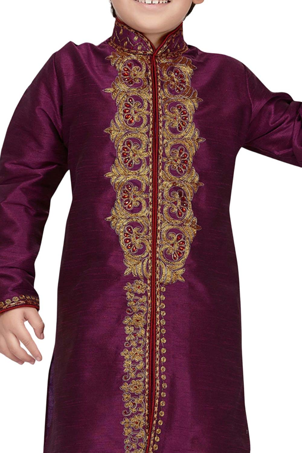 Boys Purple Art Dupion Silk Embroidered Emblished Sherwani Set