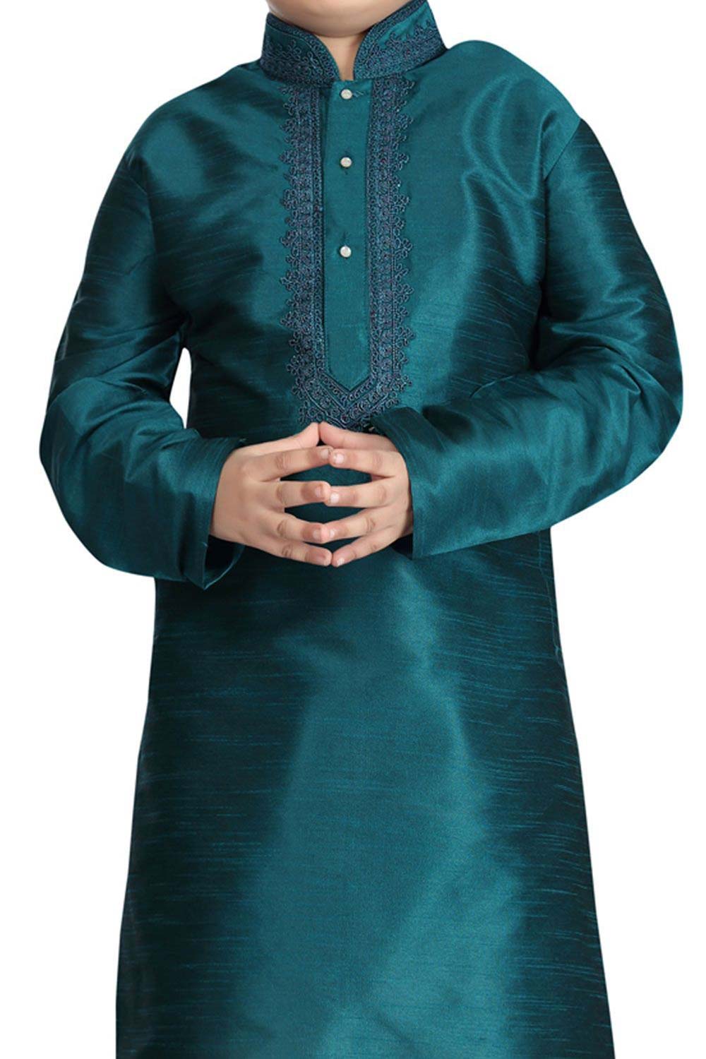 Boys Green Art Dupion Silk Neck Embroidered Kurta Pyjama Set