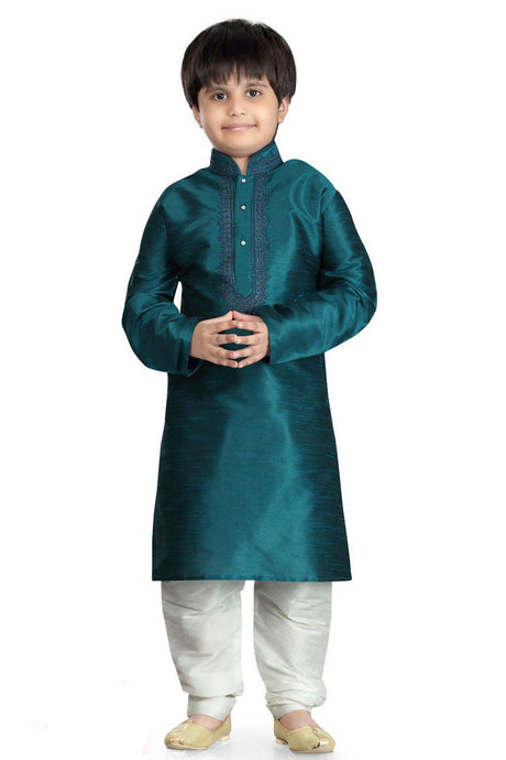 Boys Green Art Dupion Silk Neck Embroidered Kurta Pyjama Set