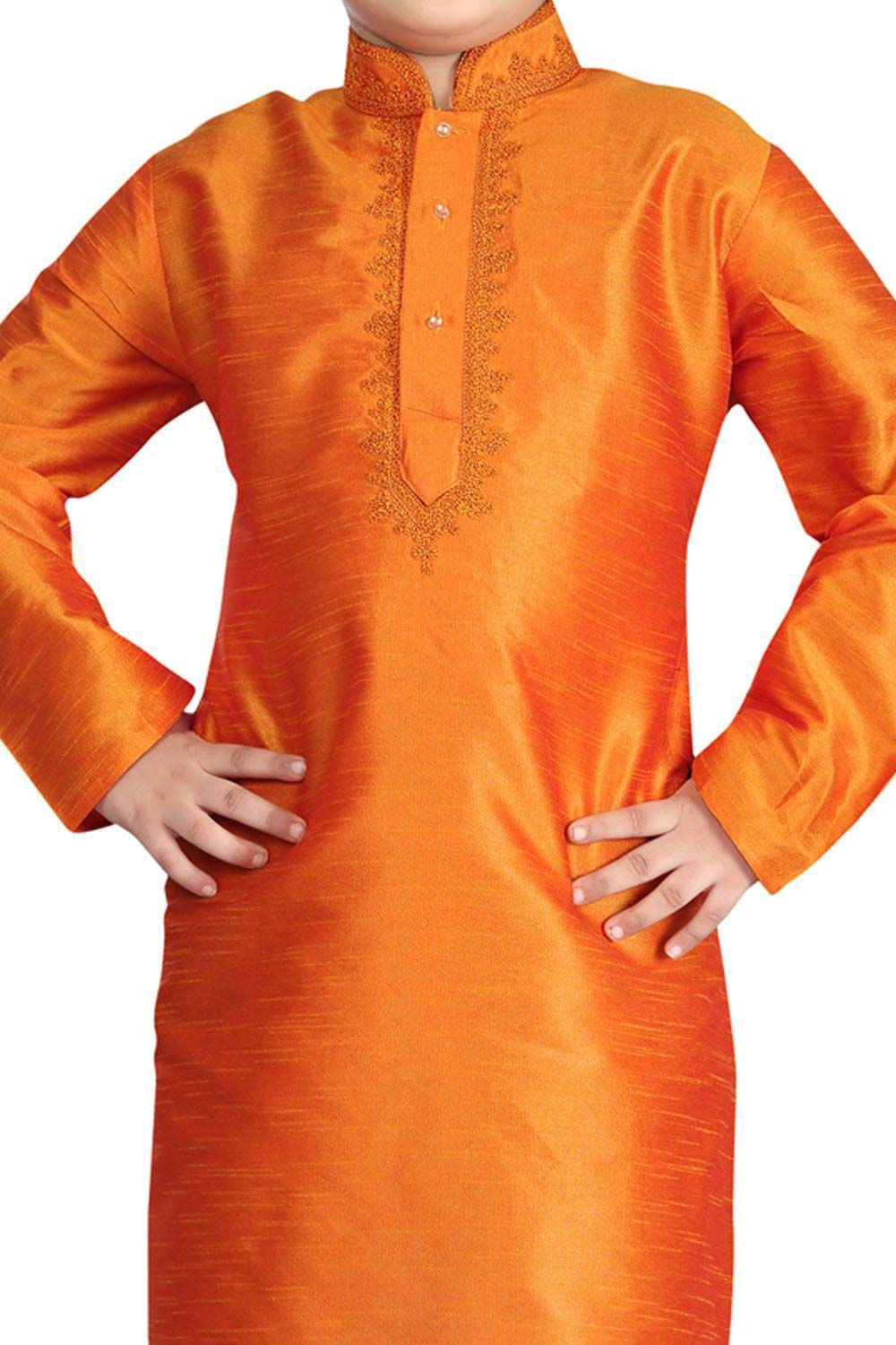 Boys Orange Art Dupion Silk Neck Embroidered Kurta Pyjama Set