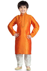 Boys Orange Art Dupion Silk Neck Embroidered Kurta Pyjama Set