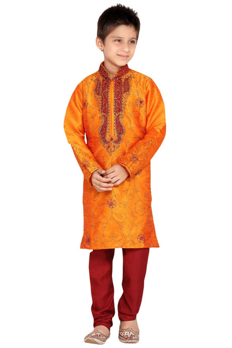 Boys Orange Art Dupion Silk Embroidered Emblished Kurta Pyjama Set