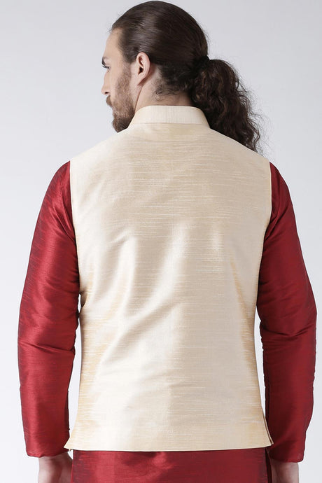 Buy Men's Art Silk  Solid Jacket in Beige Online - Back