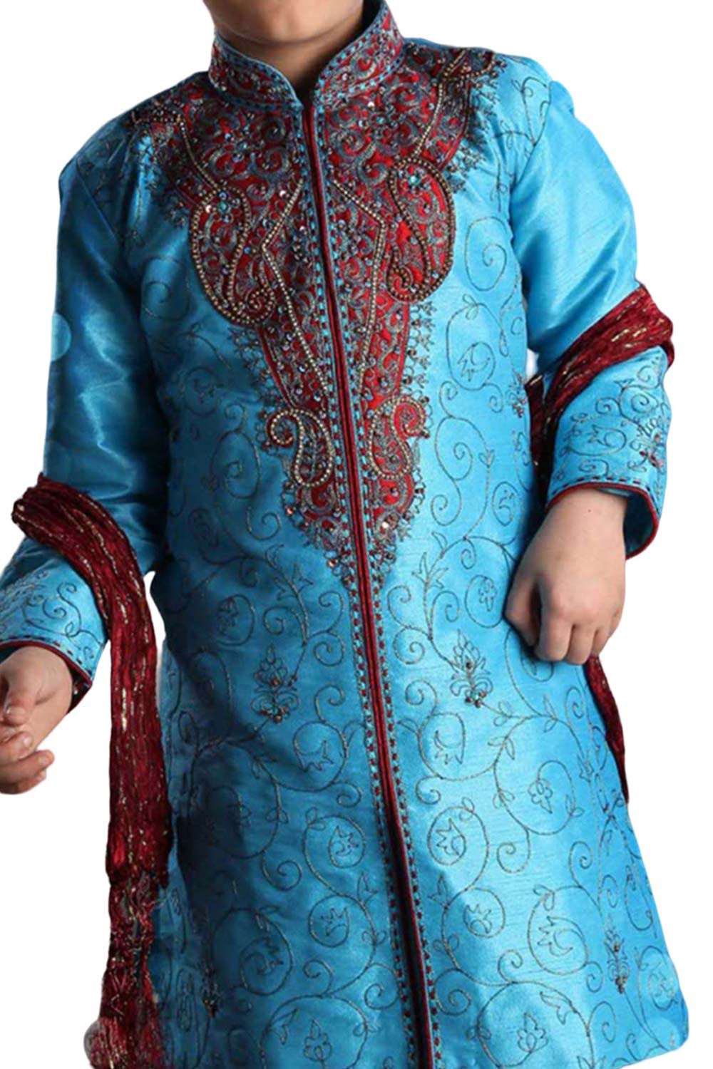 Boys Turquoise Art Dupion Silk Embroidered Emblished Sherwani Set