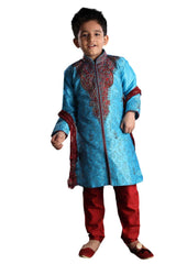 Boys Turquoise Art Dupion Silk Embroidered Emblished Sherwani Set