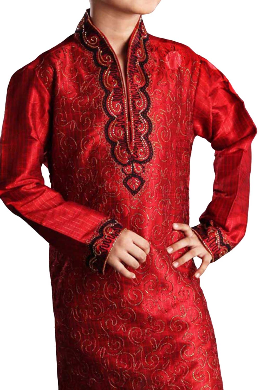 Boys Red Art Dupion Silk Embroidered Emblished Kurta Pyjama Set