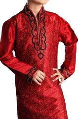 Boys Red Art Dupion Silk Embroidered Emblished Kurta Pyjama Set