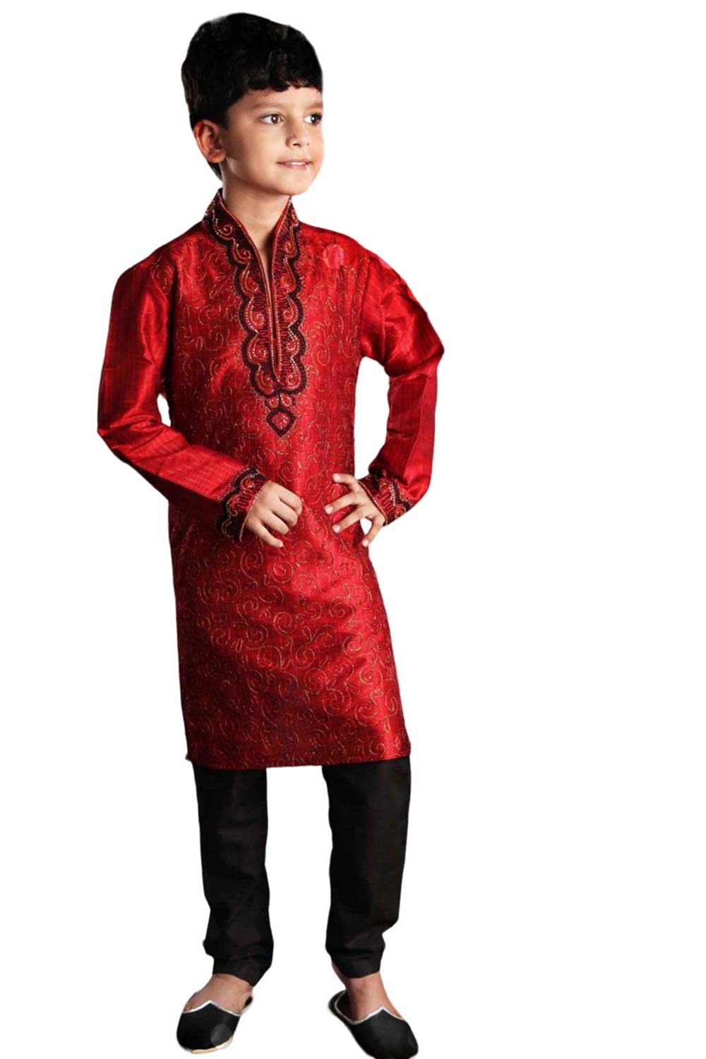 Boys Red Art Dupion Silk Embroidered Emblished Kurta Pyjama Set