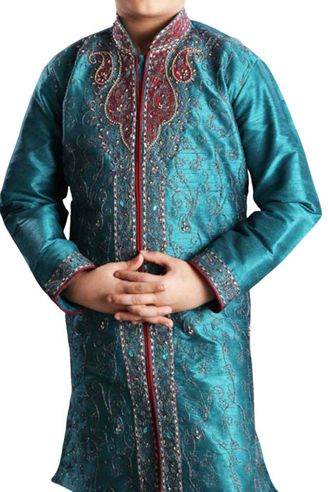 Boys Turquoise Art Dupion Silk Embroidered Emblished Sherwani Set