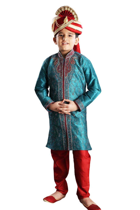 Boys Turquoise Art Dupion Silk Embroidered Emblished Sherwani Set