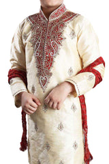 Boys Beige Art Dupion Silk Embroidered Emblished Kurta Pyjama Set