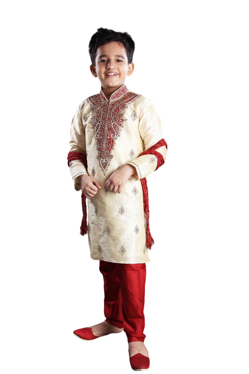 Boys Beige Art Dupion Silk Embroidered Emblished Kurta Pyjama Set