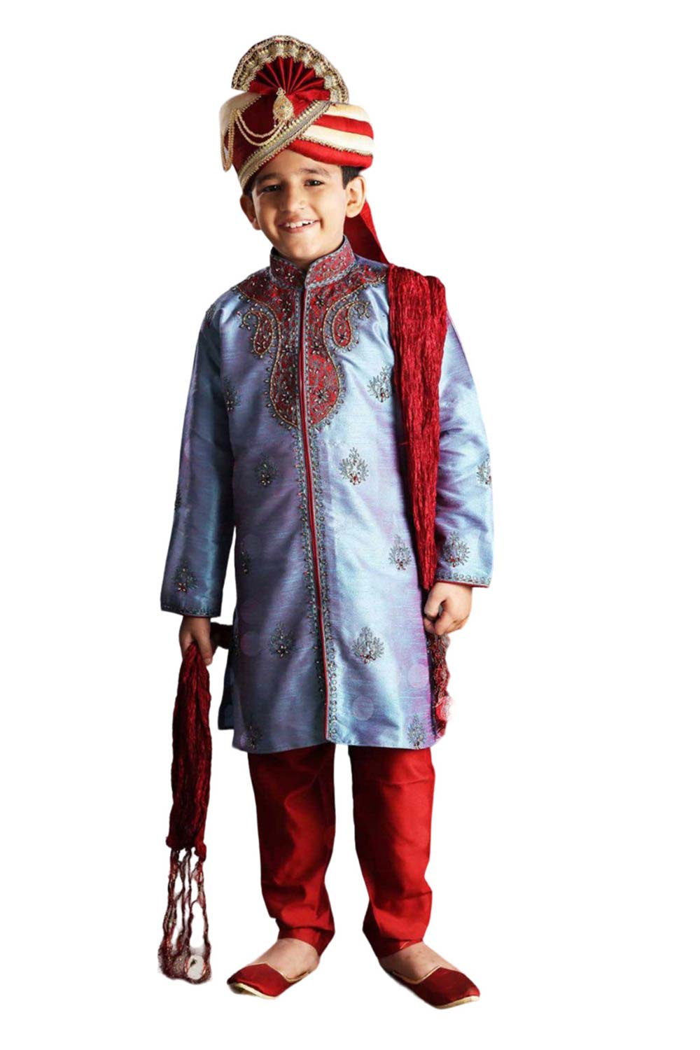 Boys Purple Art Dupion Silk Embroidered Emblished Sherwani Set