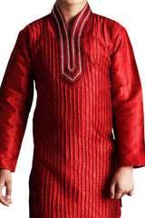 Boys Red Art Dupion Silk Resham Thread Embroidered Kurta Pyjama Set