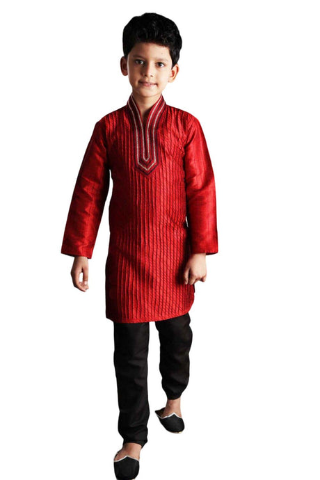 Boys Red Art Dupion Silk Resham Thread Embroidered Kurta Pyjama Set