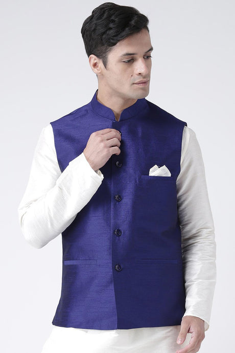 Buy Men's Art Silk  Solid Jacket in Navy Blue Online