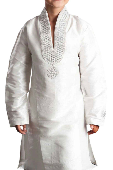 Boys Beige Art Dupion Silk Neck Embroidered Kurta Pyjama Set