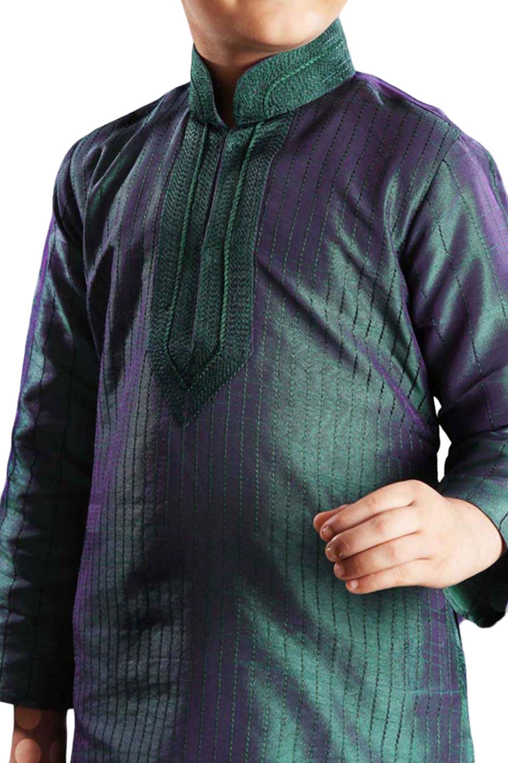 Boys Green Art Dupion Silk Resham Thread Embroidered Kurta Pyjama Set