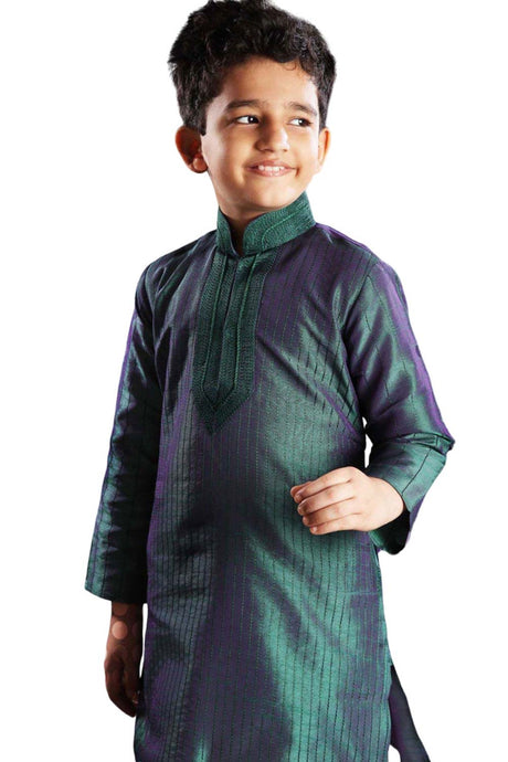 Boys Green Art Dupion Silk Resham Thread Embroidered Kurta Pyjama Set
