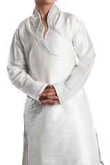 Boys Beige Art Dupion Silk Neck Embroidered Kurta Pyjama Set