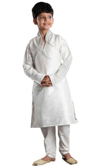 Boys Beige Art Dupion Silk Neck Embroidered Kurta Pyjama Set