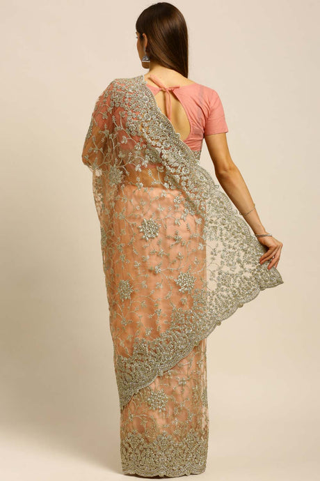 Net Embroidered Saree In Peach