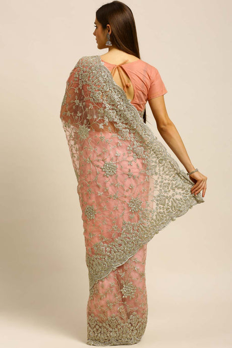 Net Embroidered Saree In Pink