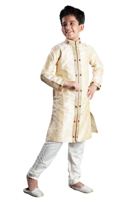 Boys Beige Art Dupion Silk Resham Thread Embroidered Sherwani Set