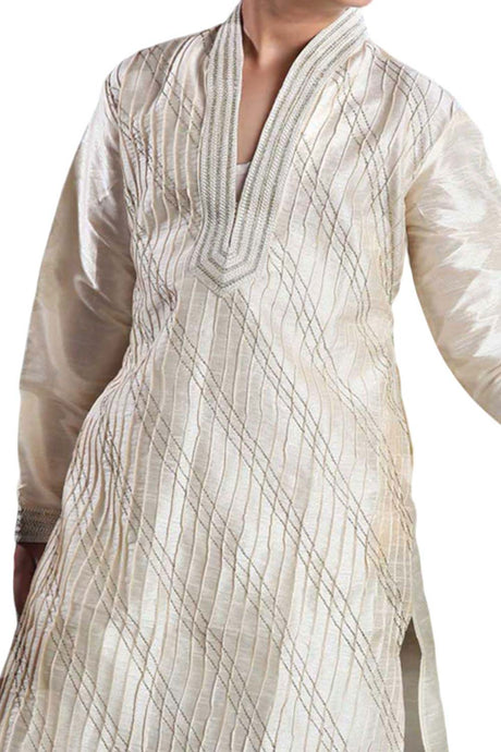 Boys Beige Art Dupion Silk Resham Thread Embroidered Kurta Pyjama Set