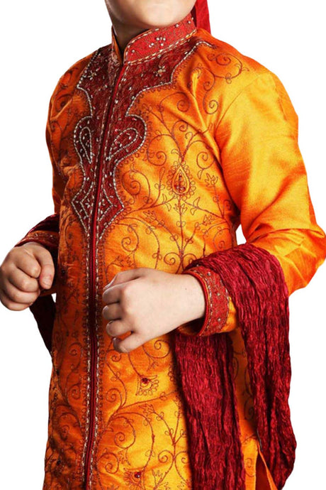 Boys Orange Art Dupion Silk Embroidered Emblished Sherwani Set