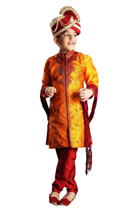 Boys Orange Art Dupion Silk Embroidered Emblished Sherwani Set