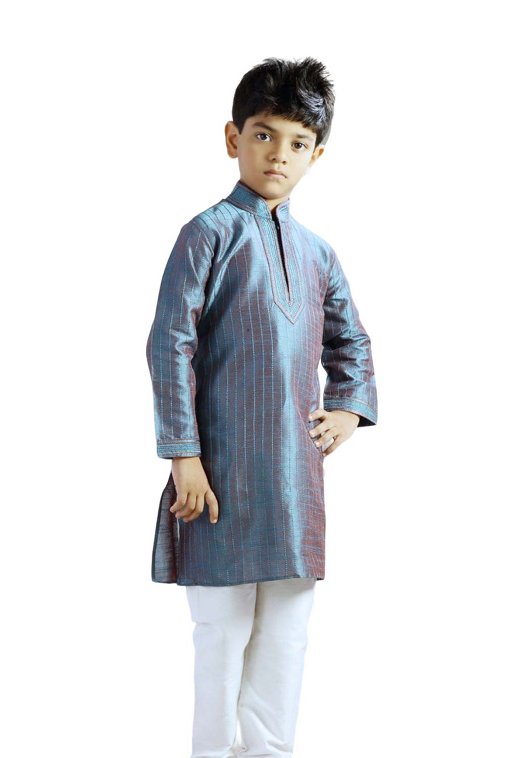 Boys Turquoise Art Dupion Silk Resham Thread Embroidered Kurta Pyjama Set