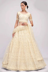 Off-White Net Thread Embroidery And Sequins Work Lehenga Set