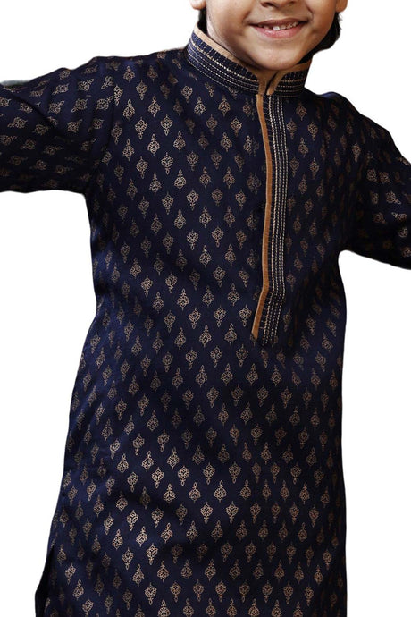 Boys Blue Art Dupion Silk Neck Embroidered And Printed Kurta Pyjama Set
