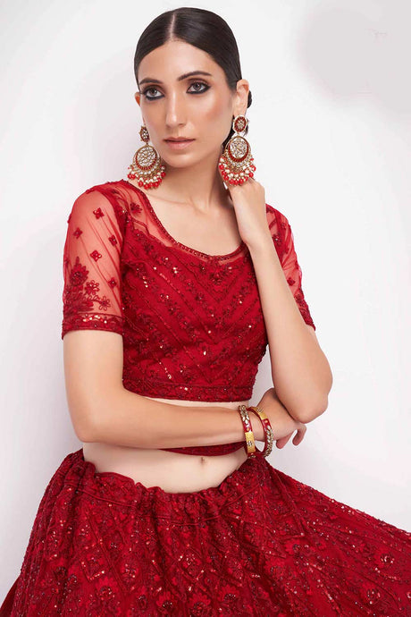 Red Net Thread Embroidery And Sequins Work Lehenga Set
