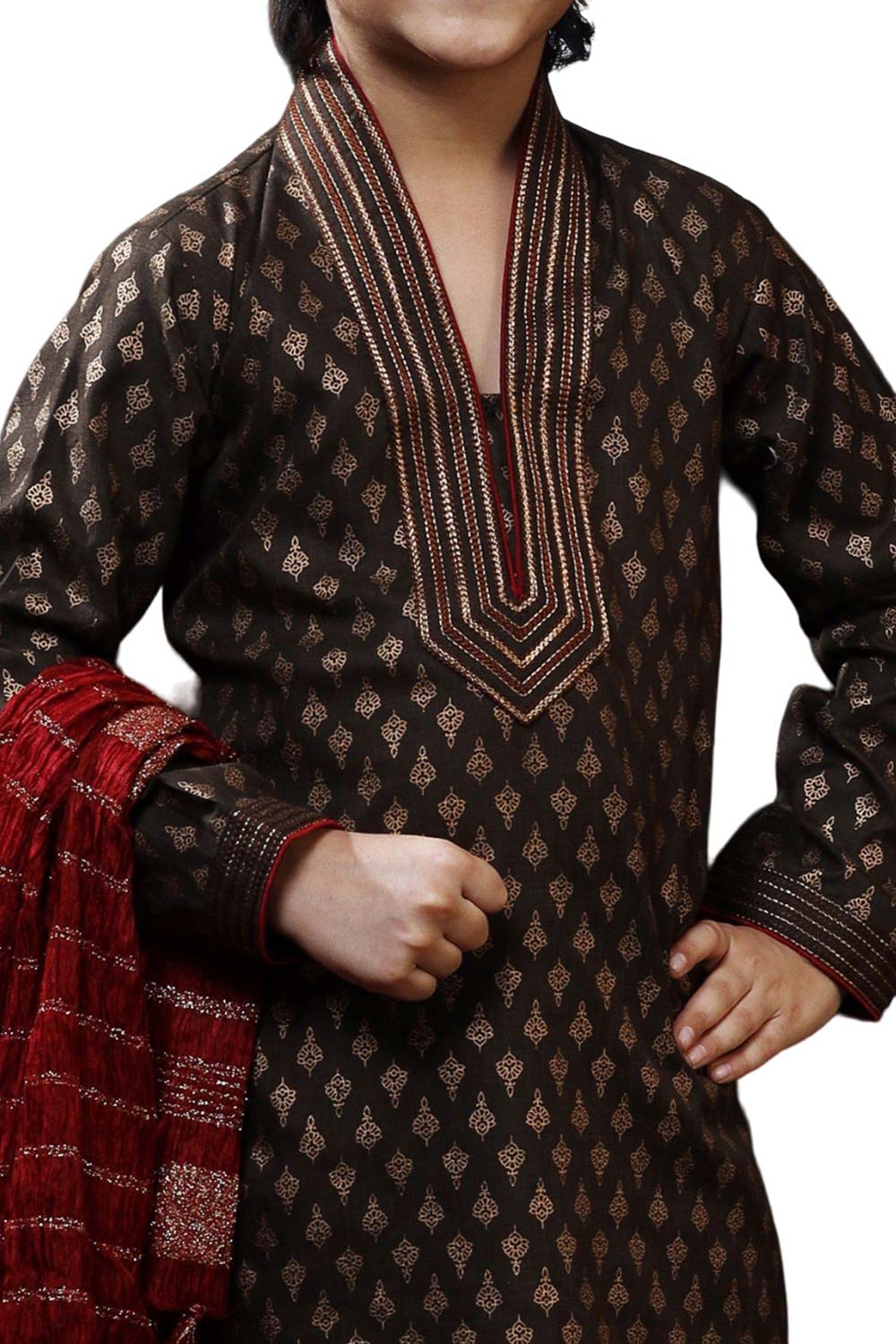 Boys Brown Art Dupion Silk Neck Embroidered And Printed Kurta Pyjama Set