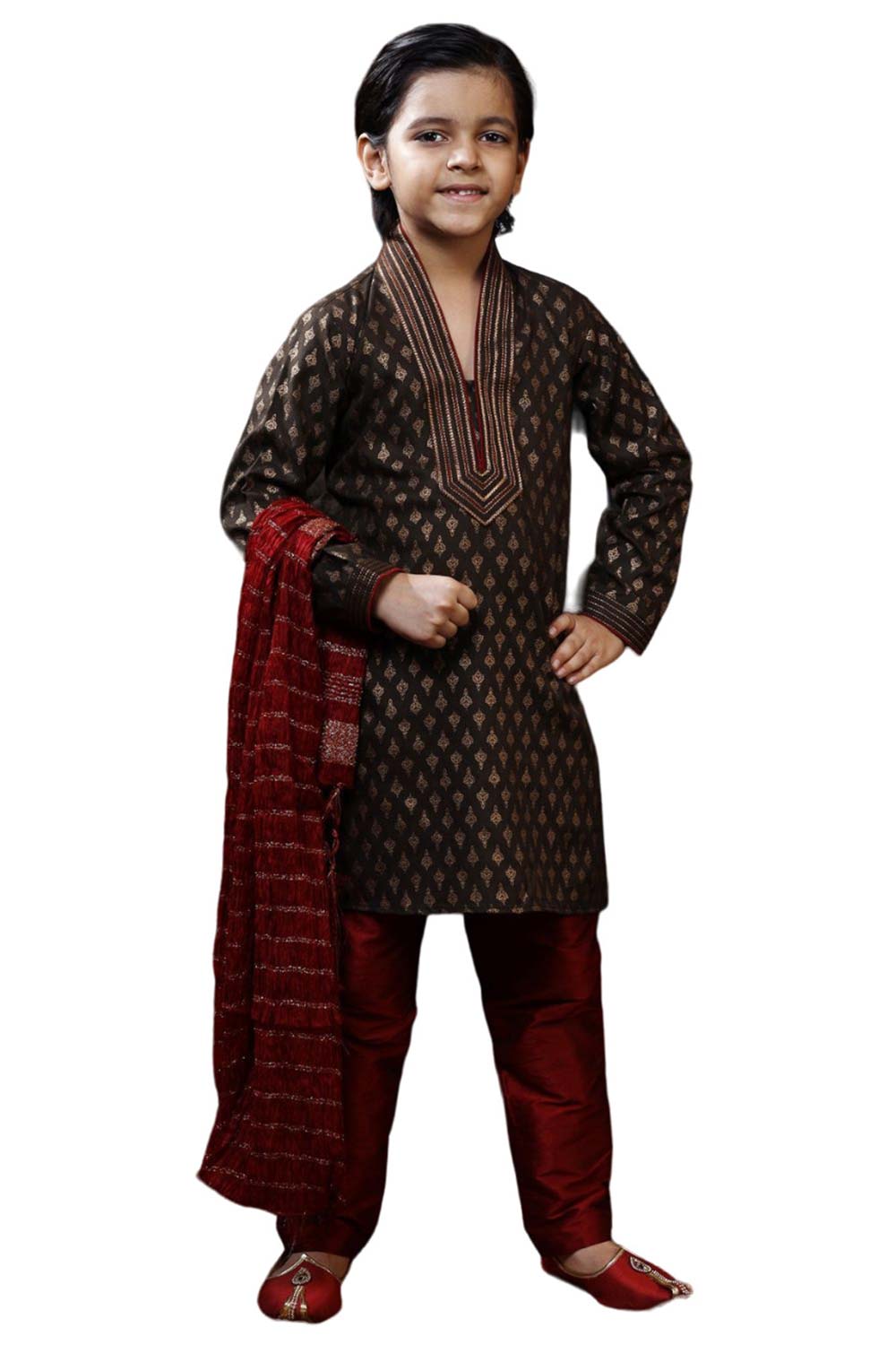 Boys Brown Art Dupion Silk Neck Embroidered And Printed Kurta Pyjama Set