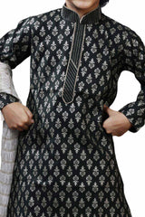 Boys Black Art Dupion Silk Neck Embroidered And Printed Kurta Pyjama Set