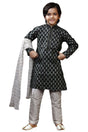 Boys Black Art Dupion Silk Neck Embroidered And Printed Kurta Pyjama Set