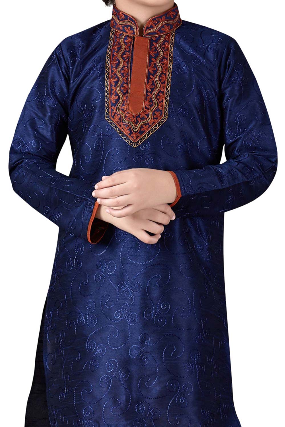 Boys Blue Art Dupion Silk Resham Thread Embroidered Kurta Pyjama Set