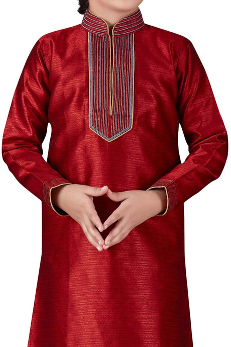 Boys Red Art Dupion Silk Neck Embroidered Kurta Pyjama Set