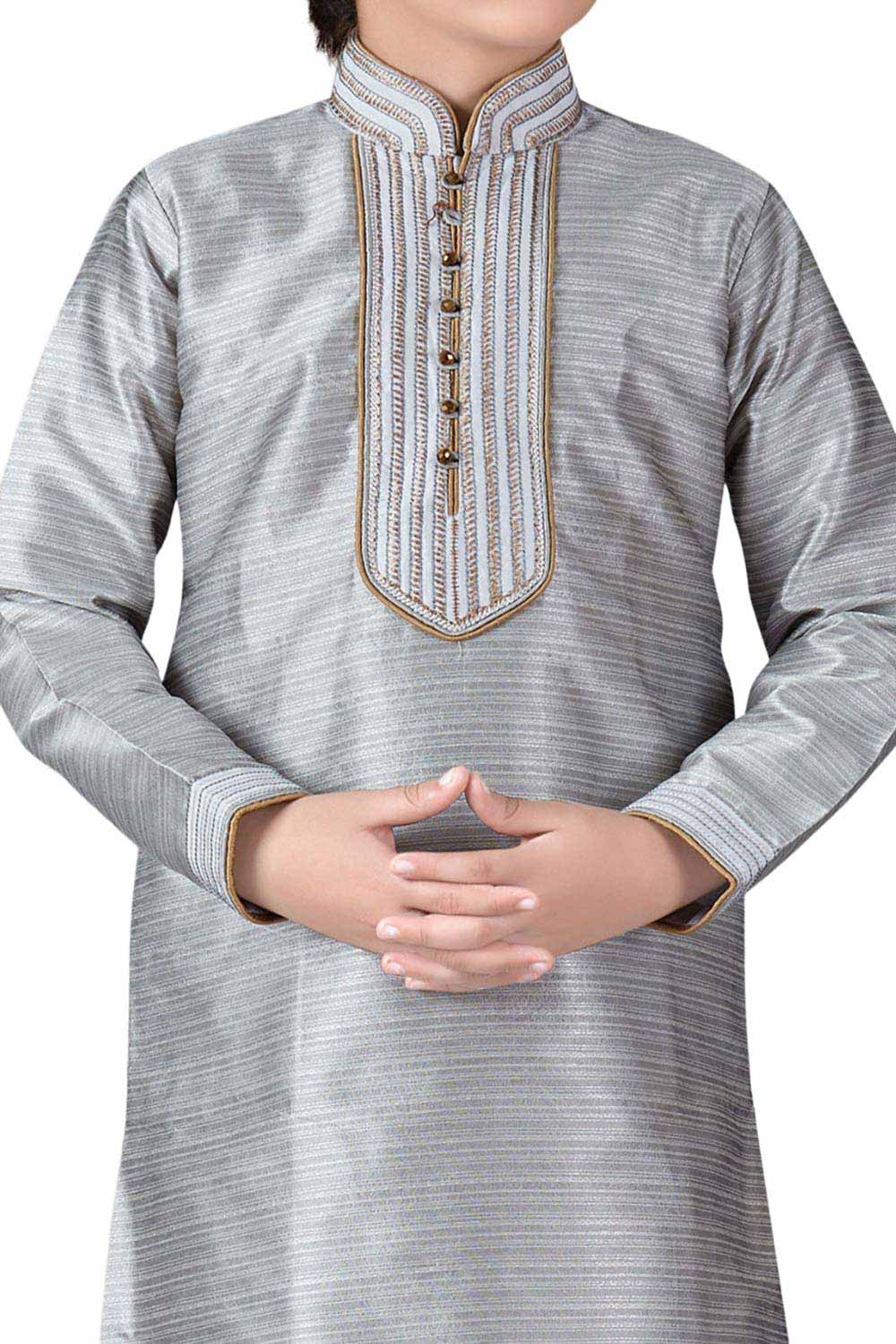 Boys Grey Art Dupion Silk Stripe And Neck Embroidered Kurta Pyjama Set