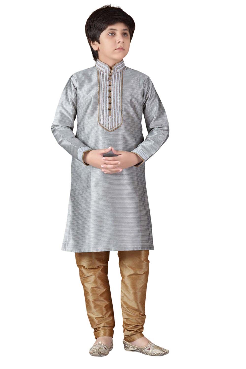 Boys Grey Art Dupion Silk Stripe And Neck Embroidered Kurta Pyjama Set