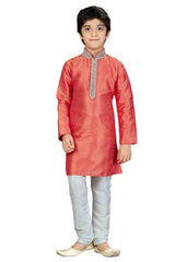 Boys Pink Art Dupion Silk Neck Embroidered Kurta Pyjama Set