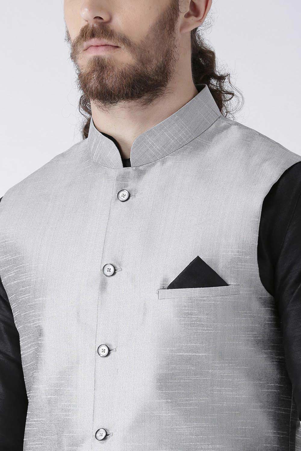 Buy Men's Art Silk  Solid Jacket in Grey  Online - Side