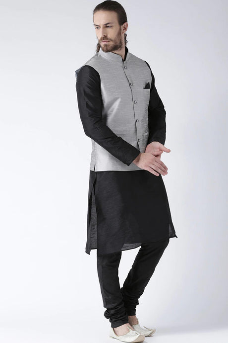 Buy Men's Art Silk  Solid Jacket in Grey  Online - Back