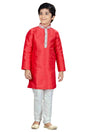 Boys Pink Art Dupion Silk Neck Embroidered Kurta Pyjama Set