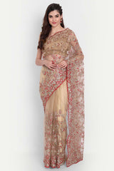 Gold Net Contrasted With Zari Embroidered Saree